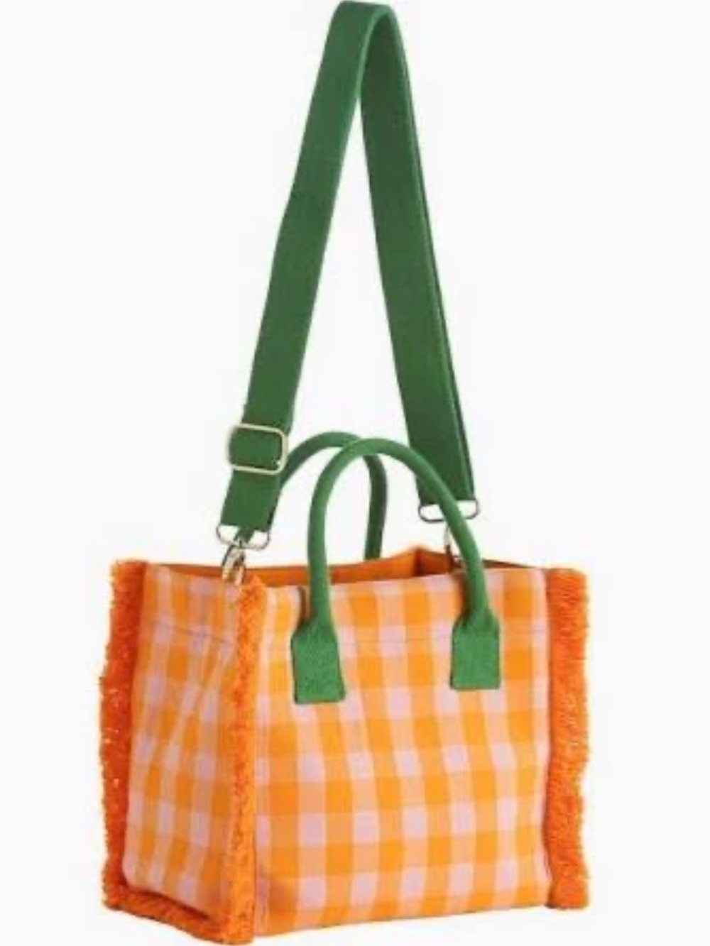 Shiraleah Orange Gingham Tote with Green Handles